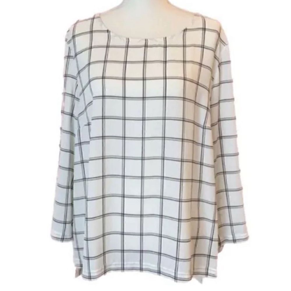 Adrianna Papell Women's White Black Window Pane Long Sleeve Blouse Size Large